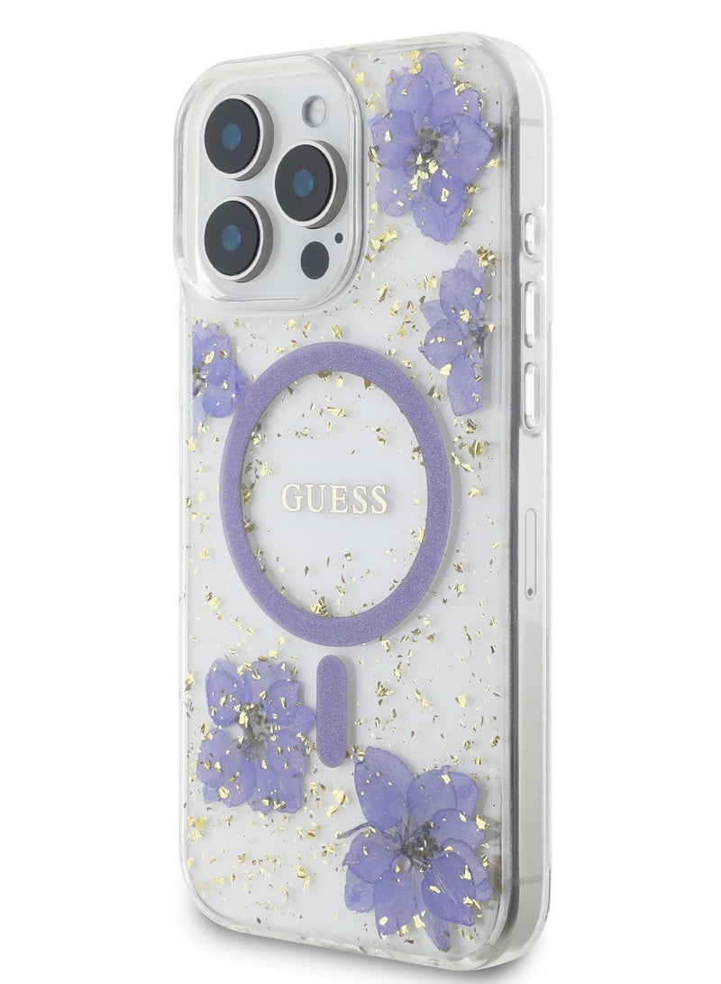 GUESS iPhone 16 Pro Max Magsafe Case Hard Cover with Resin Flowers Design / Drop protection / Comfortable Grip- Purple - Image 5