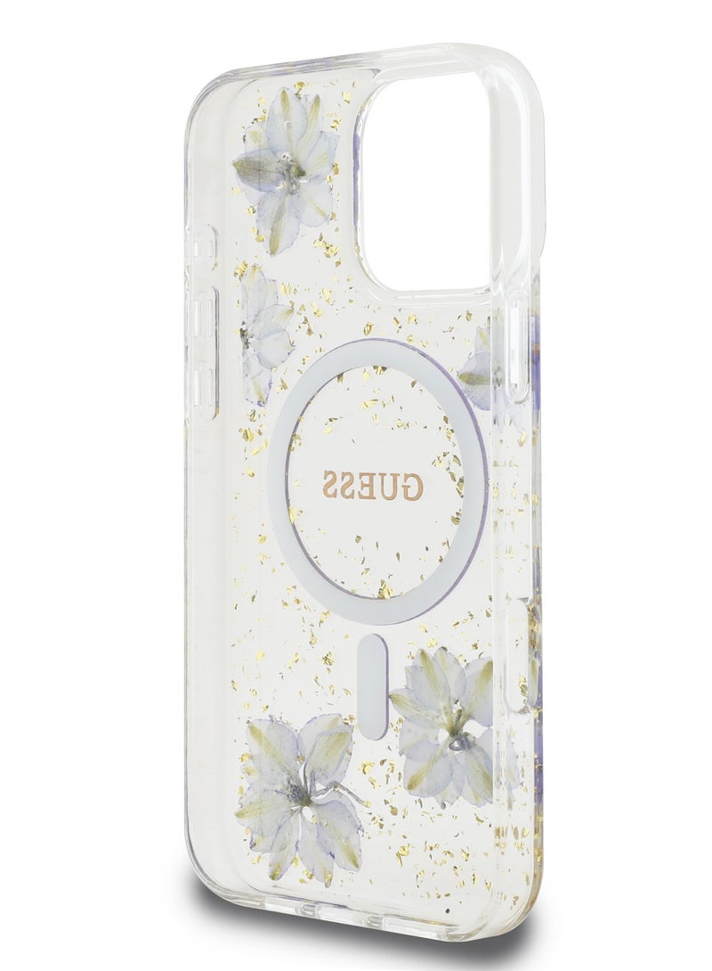 GUESS iPhone 16 Pro Max Magsafe Case Hard Cover with Resin Flowers Design / Drop protection / Comfortable Grip- Purple - Image 4
