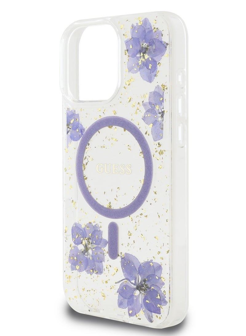 GUESS iPhone 16 Pro Max Magsafe Case Hard Cover with Resin Flowers Design / Drop protection / Comfortable Grip- Purple - Image 2
