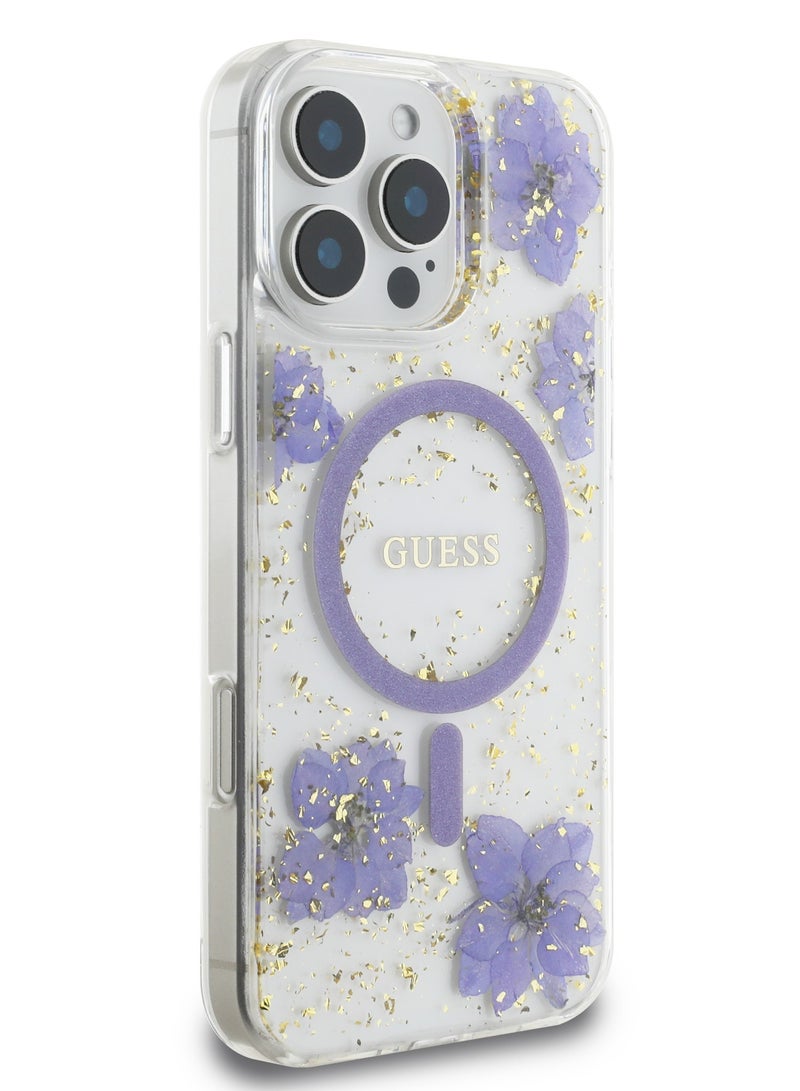 GUESS iPhone 16 Pro Max Magsafe Case Hard Cover with Resin Flowers Design / Drop protection / Comfortable Grip- Purple - Image 3