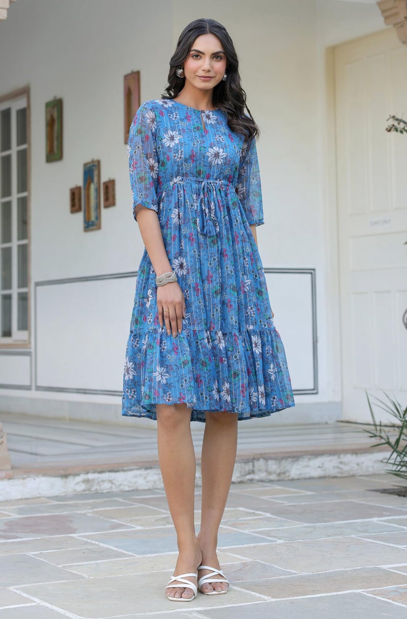 Janasya Women's Blue Georgette Floral Printed Flared Western Dress (J0341-DR-RE-XXXL) - Image 3