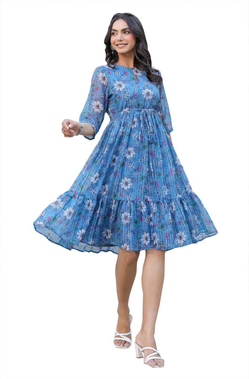 Janasya Women's Blue Georgette Floral Printed Flared Western Dress (J0341-DR-RE-XXXL) - Image 1