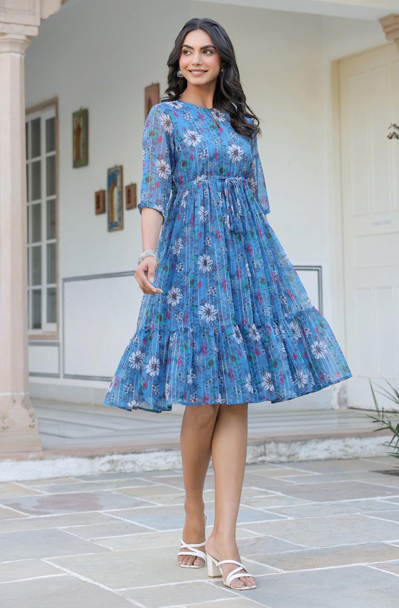 Janasya Women's Blue Georgette Floral Printed Flared Western Dress (J0341-DR-RE-XXXL) - Image 5