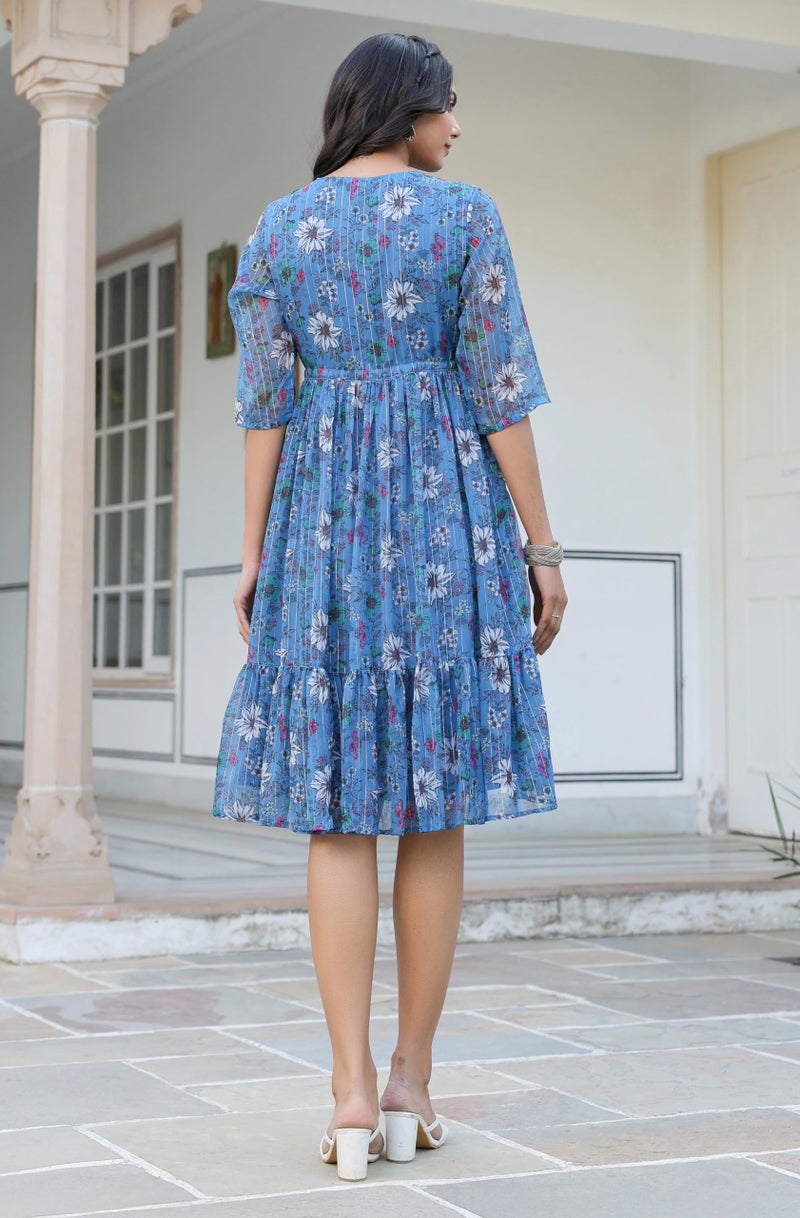 Janasya Women's Blue Georgette Floral Printed Flared Western Dress (J0341-DR-RE-XXXL) - Image 4