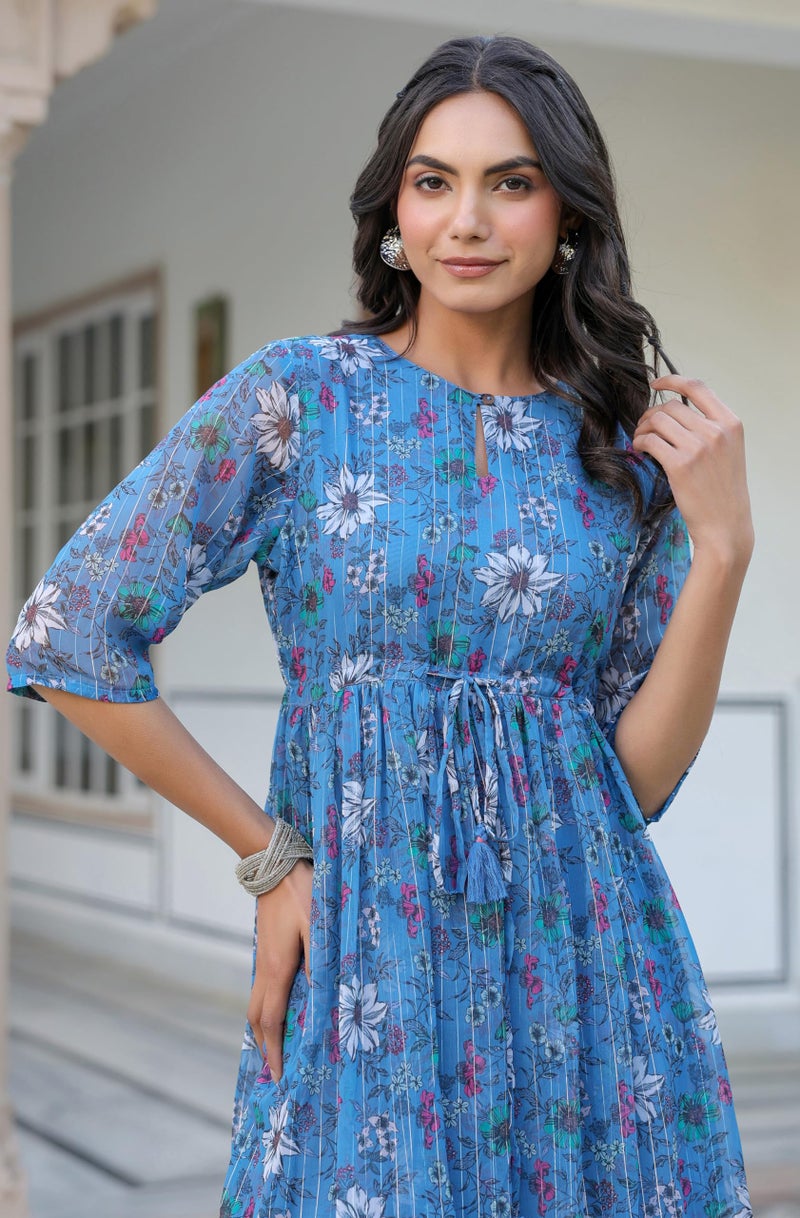 Janasya Women's Blue Georgette Floral Printed Flared Western Dress (J0341-DR-RE-XXXL) - Image 2