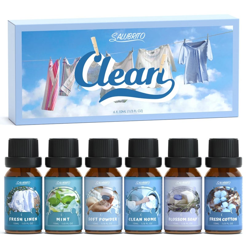 SALUBRITO Clean Fragrance Oils Set, Premium Essential Oils Set for Diffuser, Candle, Soap Making, Fresh Cotton, Clean Home, Fresh Linen, Soft Powder, Blossom Soap, Mint, Strong Scented Oils - Image 1