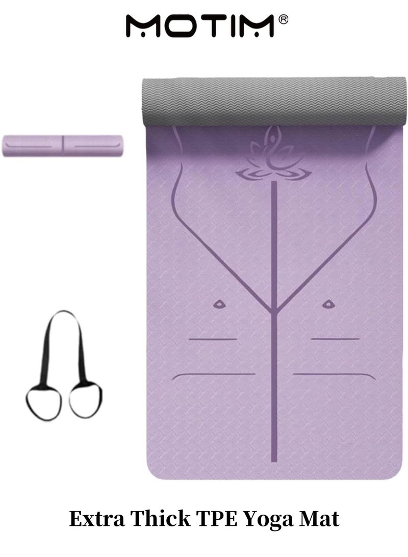 موتيم سجادة اليوغا TPE السميكة للغاية مع خطوط الموقف وحصيرة تجريب المنزل ذات السطح الملمس لتمرين البيلاتس والتمدد تتضمن حزام وحقيبة تخزين (183 * 60 * 0.6 سم) - Image 1