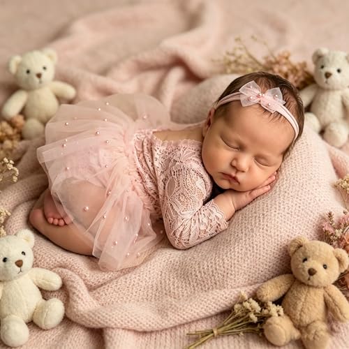 Befygier Newborn Photography Outfits Girl, 2 PCs Baby Girl Photoshoot Props, Newborn Lace Romper with Headband Set for Photo Shoot (Pink Long Sleeve) - Image 3