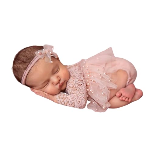 Befygier Newborn Photography Outfits Girl, 2 PCs Baby Girl Photoshoot Props, Newborn Lace Romper with Headband Set for Photo Shoot (Pink Long Sleeve) - Image 1