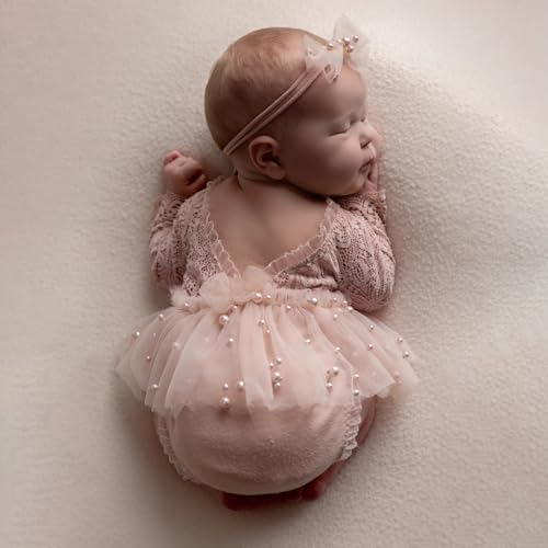 Befygier Newborn Photography Outfits Girl, 2 PCs Baby Girl Photoshoot Props, Newborn Lace Romper with Headband Set for Photo Shoot (Pink Long Sleeve) - Image 4
