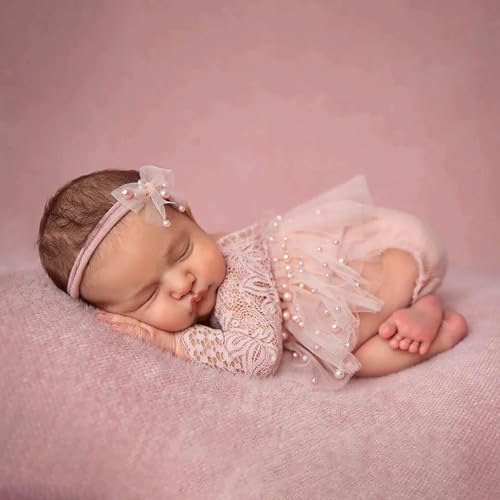 Befygier Newborn Photography Outfits Girl, 2 PCs Baby Girl Photoshoot Props, Newborn Lace Romper with Headband Set for Photo Shoot (Pink Long Sleeve) - Image 2