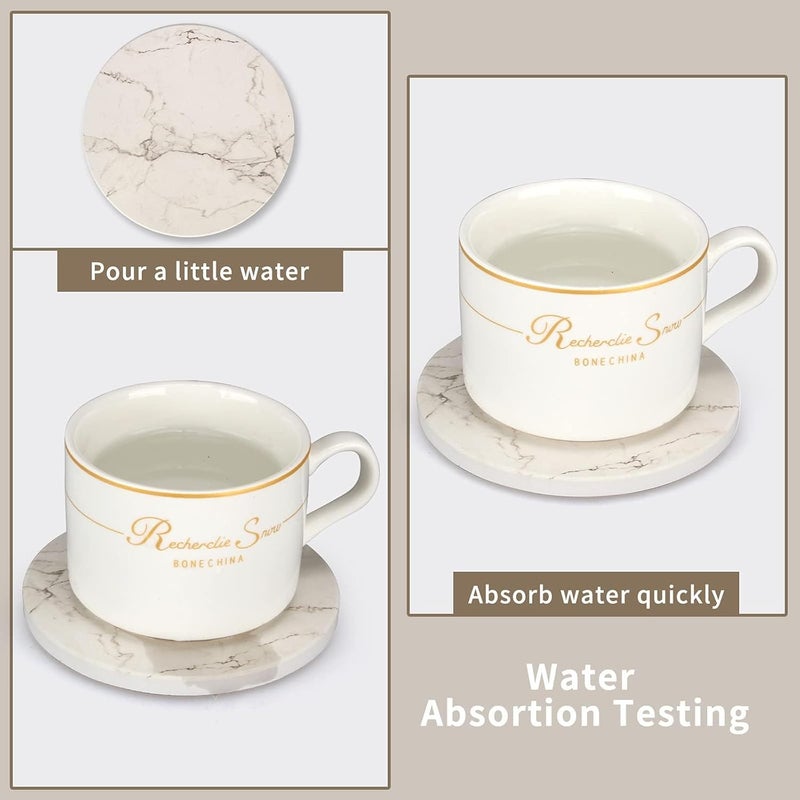 SAGREENY 6 Pcs White Marble Coaster Set With Holder - Best Absorbent Ceramic Bar Coasters - Cute Table Gift for Beverage and Beer - Modern Stone Cup Coasters - Image 3