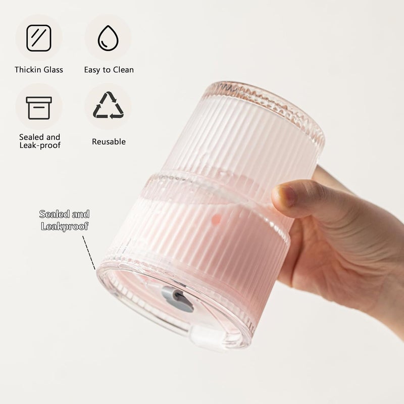 INSETLAN 380ml Glass Tumbler with Lid and Straw 2 Pack - Ribbed Glass Cup Iced Coffee Glasses, Clear Leakproof Tumbler Cup for Smoothies, Iced Latte,Matcha, Cold Drinks - Image 4