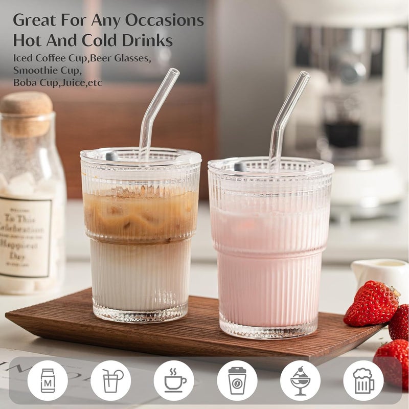 INSETLAN 380ml Glass Tumbler with Lid and Straw 2 Pack - Ribbed Glass Cup Iced Coffee Glasses, Clear Leakproof Tumbler Cup for Smoothies, Iced Latte,Matcha, Cold Drinks - Image 2