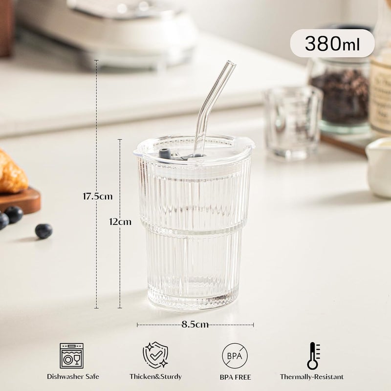 INSETLAN 380ml Glass Tumbler with Lid and Straw 2 Pack - Ribbed Glass Cup Iced Coffee Glasses, Clear Leakproof Tumbler Cup for Smoothies, Iced Latte,Matcha, Cold Drinks - Image 5