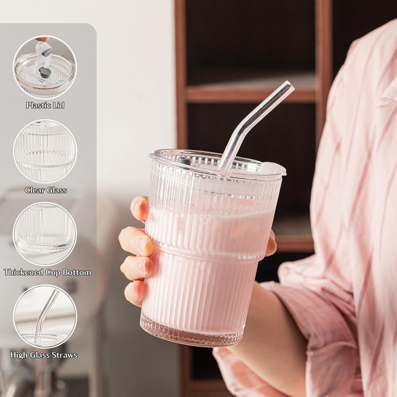INSETLAN 380ml Glass Tumbler with Lid and Straw 2 Pack - Ribbed Glass Cup Iced Coffee Glasses, Clear Leakproof Tumbler Cup for Smoothies, Iced Latte,Matcha, Cold Drinks - Image 3