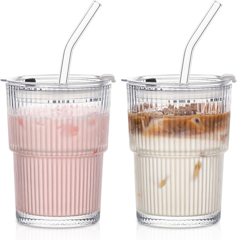 INSETLAN 380ml Glass Tumbler with Lid and Straw 2 Pack - Ribbed Glass Cup Iced Coffee Glasses, Clear Leakproof Tumbler Cup for Smoothies, Iced Latte,Matcha, Cold Drinks - Image 1