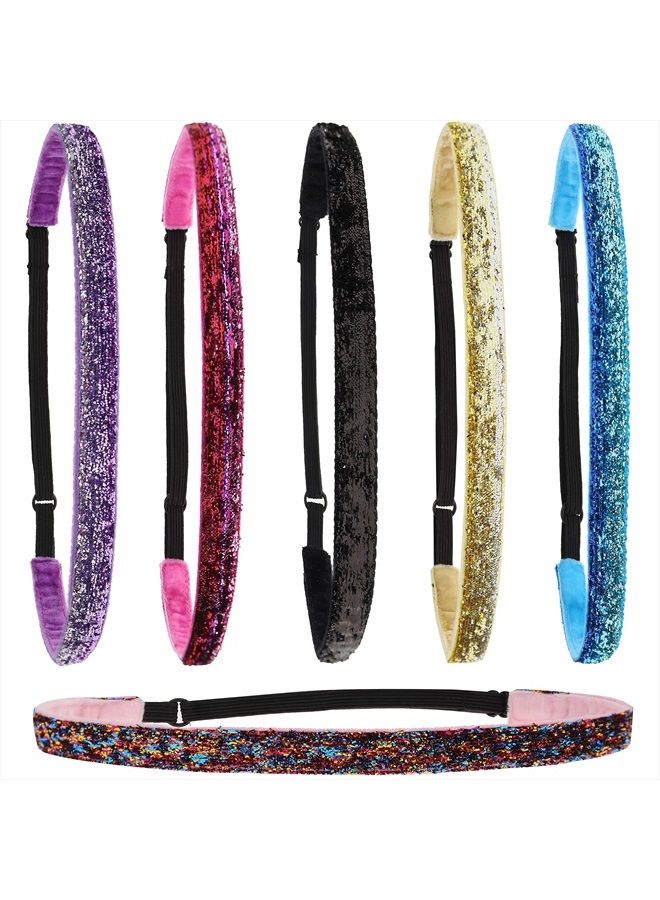 FROG SAC 6 Sparkly Glitter Elastic Headbands For Girls, Adjustable Non Slip Thin Stretch Sports Headband for Teens, Cute Stretchy Nonslip Fashion Teen Girl Hair Accessories, Yoga and Sport Head Wraps  - Image 1