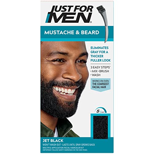 Just For Men Just For Men Mustache & Beard, Beard Dye for Men with Brush Included for Easy Application, With Biotin Aloe and Coconut Oil for Healthy Facial Hair - Jet Black, M-60, Pack of 1