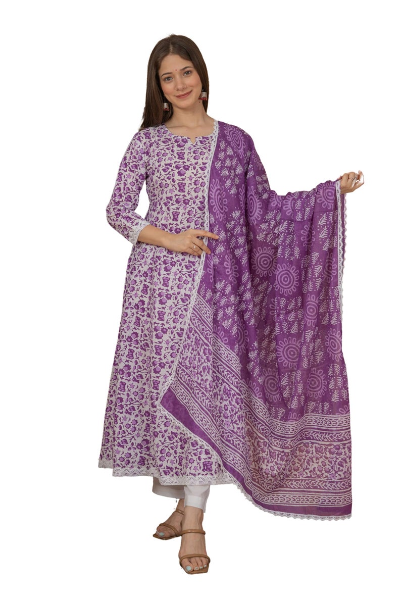MEERA FAB Women Cotton Blend Printed Anarkali Kurta with Palazzo & Dupatta Set, Purple, 6XL - Image 5