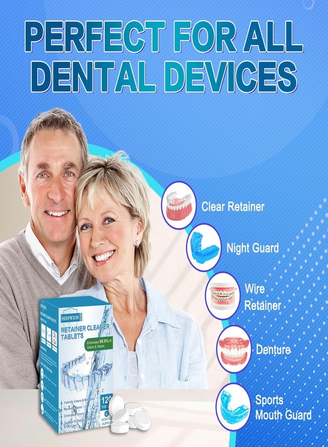 HIHWEM Retainer Cleaner Tablets, Denture Cleaner Effervescent Tablets - 120 Count, 4 Month Supply, Remove Stains & Odors for Clear Aligners, Night Guards, Mouthguards, Non-Abrasive, Bleach-Free - Image 3