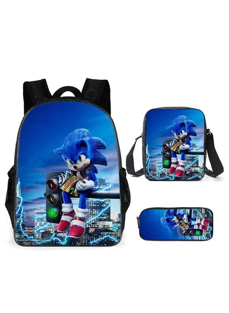 Sonic student large capacity backpack three piece set, anime cartoon backpack, shoulder bag pen bag