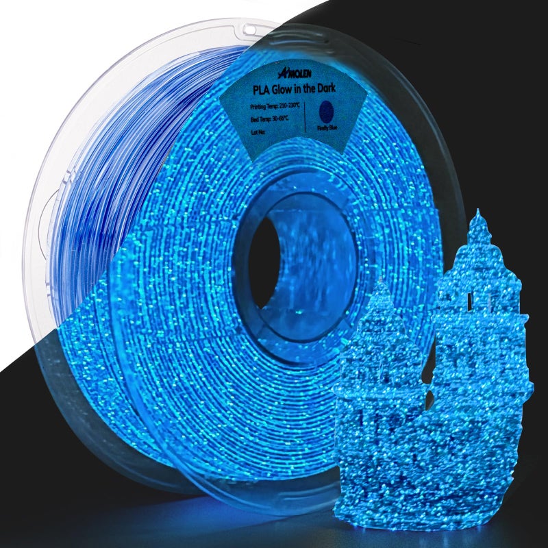 AMOLEN 3D PLA Printer Filament, 1.75mm Glow in The Dark Shiny Firefly Blue PLA Filament for 3D Printing, Best with UV Lamps, 1kg Spool (2.2lbs), Dimensional Accuracy +/- 0.02 mm, Fit Most 3D Printers - Image 1