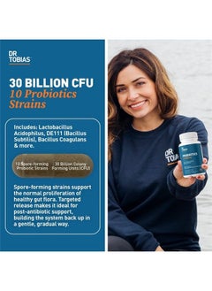 Dr. Tobias Probiotics 30 Billion, 10 Strains, 30 Billion CFU's, Targeted Release Probiotics for Digestive Health, Shelf-Stable Probiotics for Women & Men, Non-GMO, 60 Capsules, 60 Servings  - Image 1
