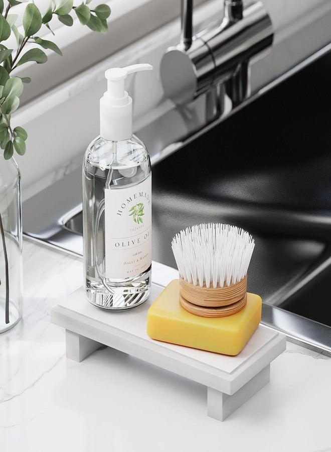 كيه إل إم حامل صينية خشبية صغيرة على قاعدة، ديكور حمام ريفي، حامل صابون خشبي مزخرف للمطبخ، مناسب للطاولة، المنضدة، الحوض، (أبيض) - Image 3