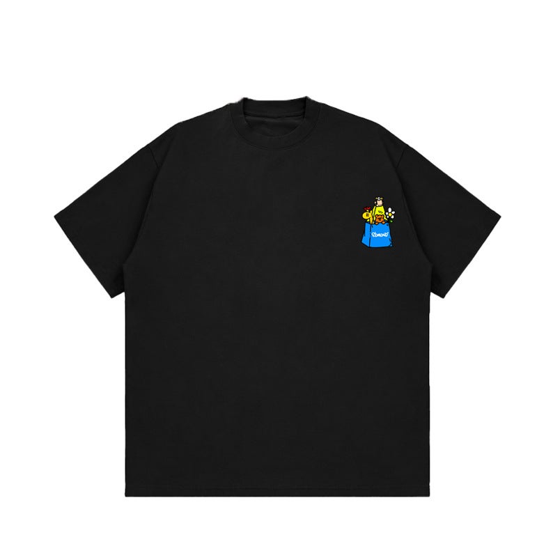 American Design Sense Letter Cartoon Printed Short-Sleeved T-Shirt Men'S Summer Fashion Brand Loose Heavy 260G Couple'S Top - Image 1