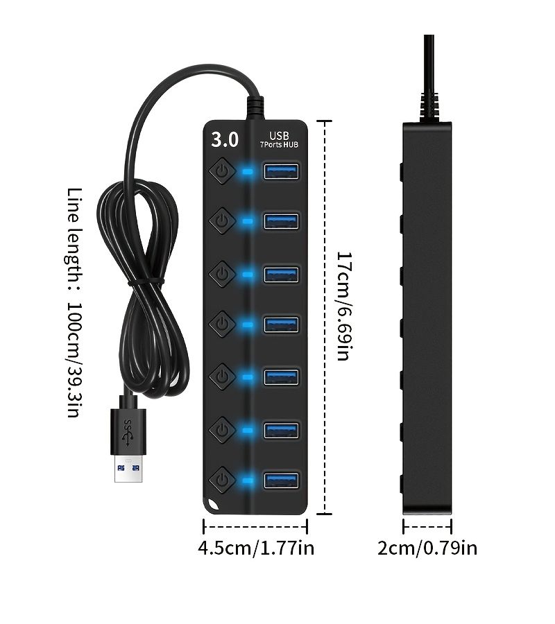 7 In 1 USB 3.0 Hub With Independent Switch and 100cm Extension Cable High Speed Data Transfer Docking Station For Laptop PC Mouse and Other USB Devices - Image 2