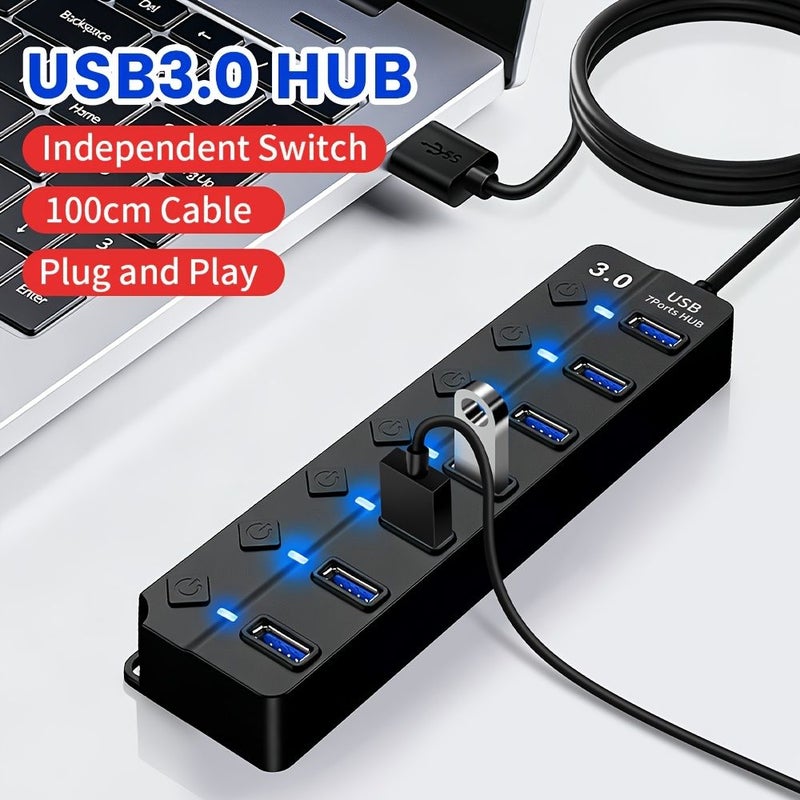 7 In 1 USB 3.0 Hub With Independent Switch and 100cm Extension Cable High Speed Data Transfer Docking Station For Laptop PC Mouse and Other USB Devices - Image 1