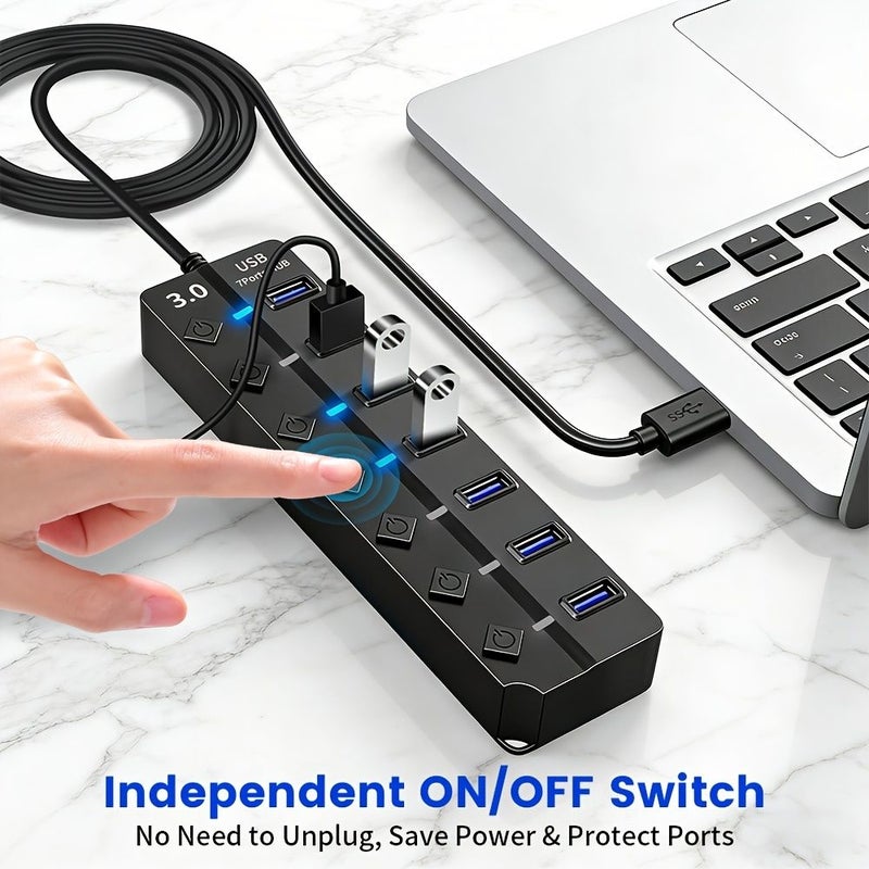 7 In 1 USB 3.0 Hub With Independent Switch and 100cm Extension Cable High Speed Data Transfer Docking Station For Laptop PC Mouse and Other USB Devices - Image 4