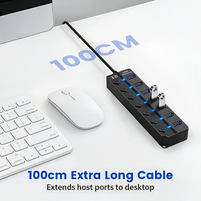 7 In 1 USB 3.0 Hub With Independent Switch and 100cm Extension Cable High Speed Data Transfer Docking Station For Laptop PC Mouse and Other USB Devices - Image 5