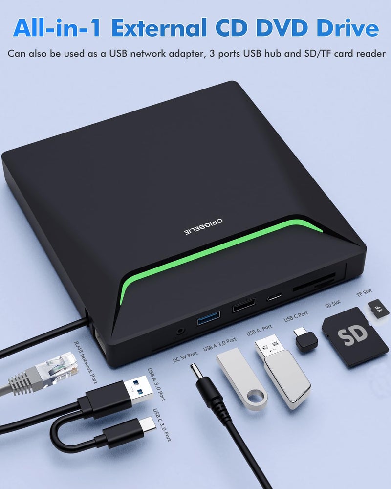 ORIGBELIE New External CD DVD Drive, Cool DVD Burner USB 3.0 with Ethernet Adapter, 3 USB and 2 TF/SD Card Ports, CD DVD Player Reader Writer Optical Disc Drive for Laptop MacBook PC Windows Linux Mac OS - Image 3