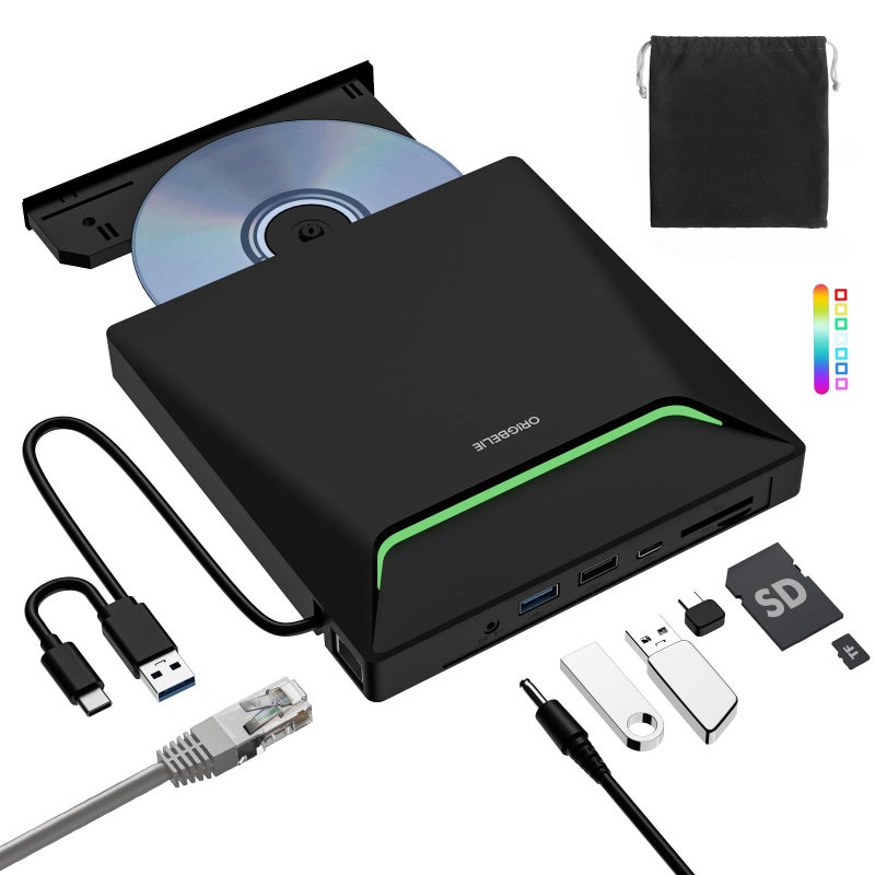 ORIGBELIE New External CD DVD Drive, Cool DVD Burner USB 3.0 with Ethernet Adapter, 3 USB and 2 TF/SD Card Ports, CD DVD Player Reader Writer Optical Disc Drive for Laptop MacBook PC Windows Linux Mac OS - Image 1