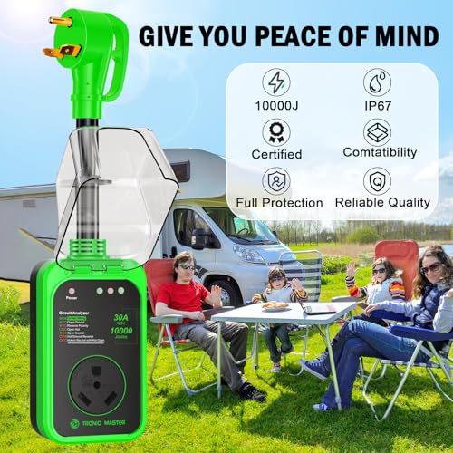 TRONIC MASTER RV Surge Protector 30Amp 10000Joules RV Power Surge RV Circuit Analyzer Surge with Waterproof Cover Safety Certification LED Display RV Adapter Plug for Camper Travel Trailers Green 30A - Image 3