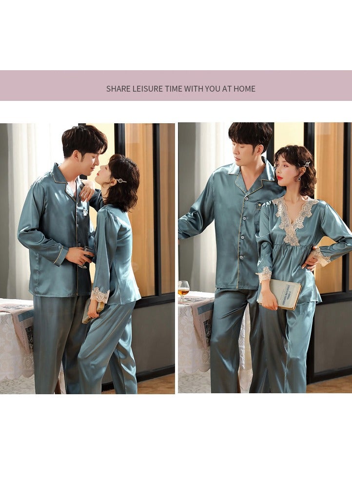 NIBEMINENT V-Neck Pajama Set for Ladies Silk Lace Long Sleeve Pajama Sleep Pants Gift for Girlfriend Wife Spring Summer Loungewear Nightwear for Women - Image 4