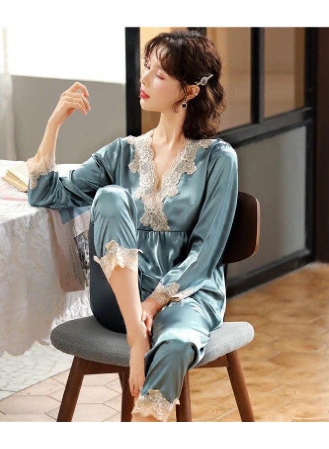 NIBEMINENT V-Neck Pajama Set for Ladies Silk Lace Long Sleeve Pajama Sleep Pants Gift for Girlfriend Wife Spring Summer Loungewear Nightwear for Women - Image 2