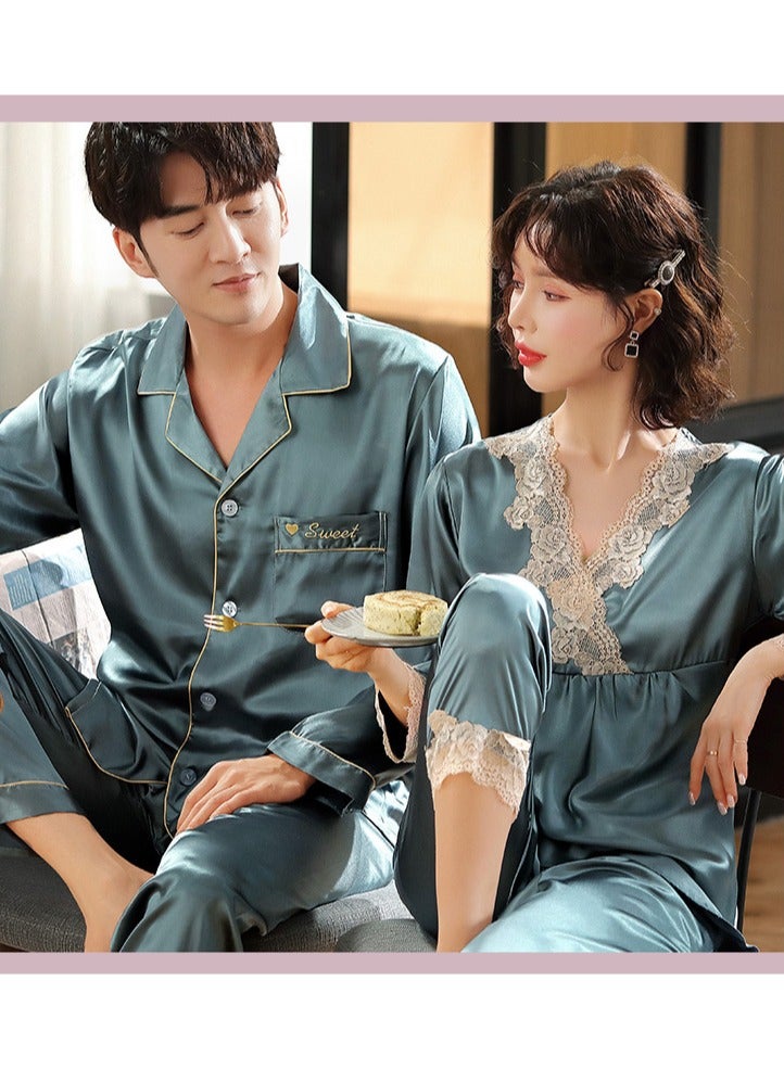 NIBEMINENT V-Neck Pajama Set for Ladies Silk Lace Long Sleeve Pajama Sleep Pants Gift for Girlfriend Wife Spring Summer Loungewear Nightwear for Women - Image 3