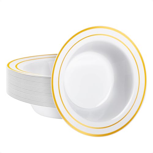 Goodluck 25 Pack Plastic Bowls with Gold Rim 12oz Disposable Soup Bowls Heavy Duty Dessert Bowls for Weddings Parties Dinners Catering Thanksgiving and Everyday Use - Image 2