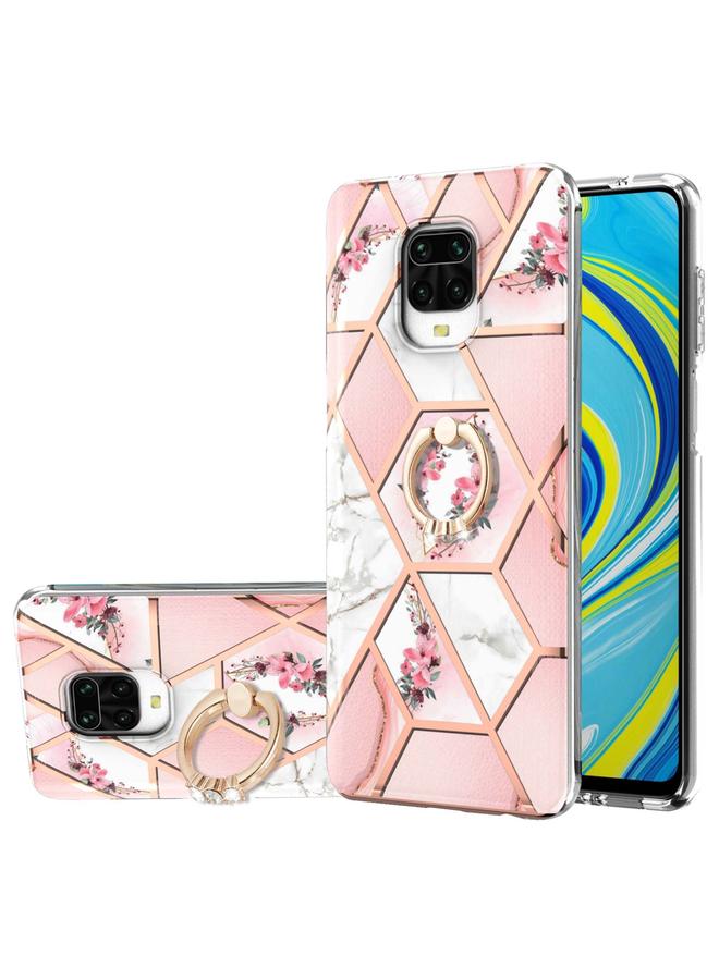 or Xiaomi Redmi Note 9S / Redmi Note 9 Pro / Redmi Note 9 Pro Max Electroplating Splicing Marble Flower Pattern TPU Shockproof Case with Rhinestone Ring Holder