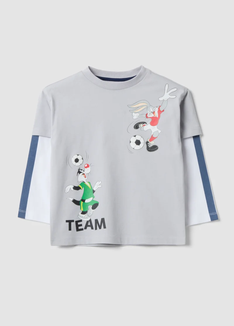 او في اس OVS Grey Pure Cotton Long-Sleeve Looney Tunes Print T-Shirt For Boys