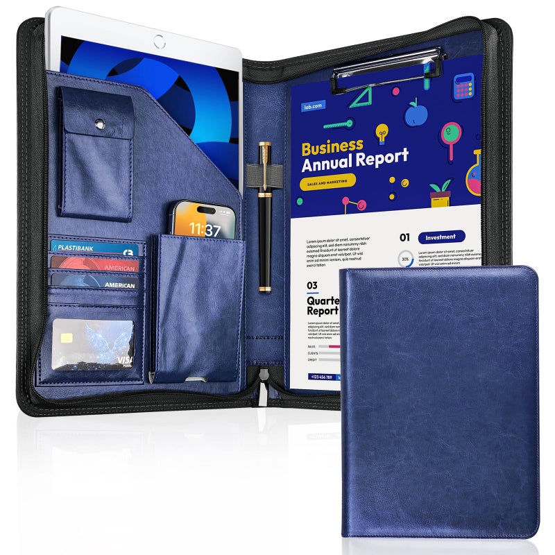WRIYES Zippered Padfolio Organizer, WRIYES Leather Planner Binder, 10.2 Inch Portfolio Folder for Documents, Letter Size Business Card Holder for Men&Women (Blue) - Image 1