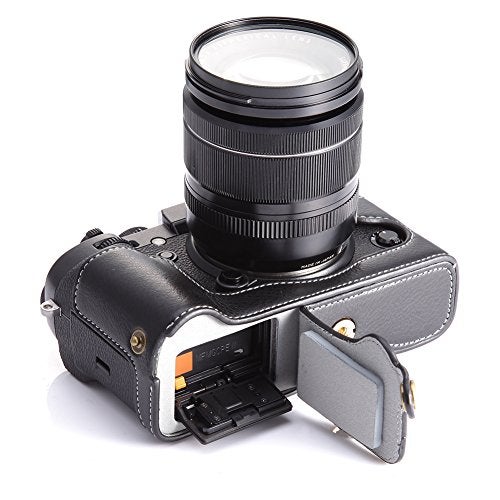 BolinUS X-T2 X-T3 Case, BolinUS Handmade Genuine Real Leather Half Camera Case Bag Cover for Fujifilm X-T2 Fuji XT2 Bottom Opening Version Hand Strap -Black - Image 1