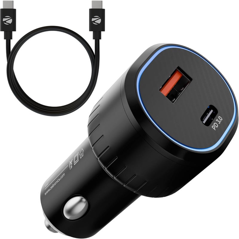 ZEBRONICS 52 Watts Car Charger, Dual Output (USB + Type C), Included 1m Type-C to Type C Cable, Rapid Charge, Compact Design, Over Current & Short Circuit Protection, LED Indicator (CC52, Black) - Image 1
