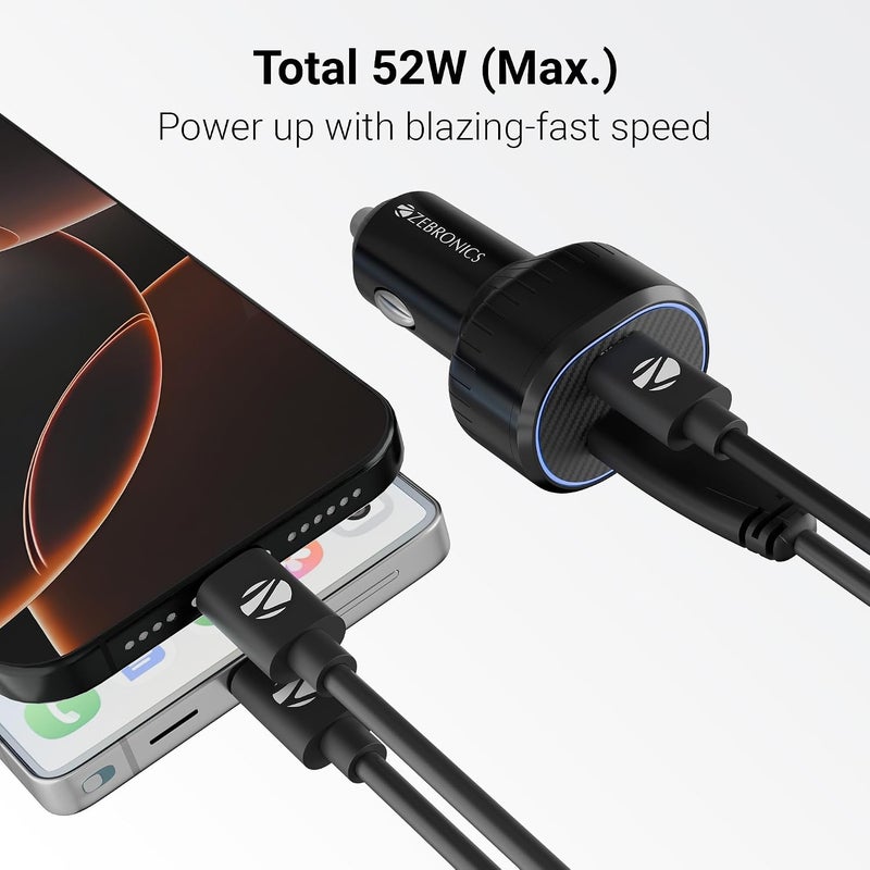 ZEBRONICS 52 Watts Car Charger, Dual Output (USB + Type C), Included 1m Type-C to Type C Cable, Rapid Charge, Compact Design, Over Current & Short Circuit Protection, LED Indicator (CC52, Black) - Image 3