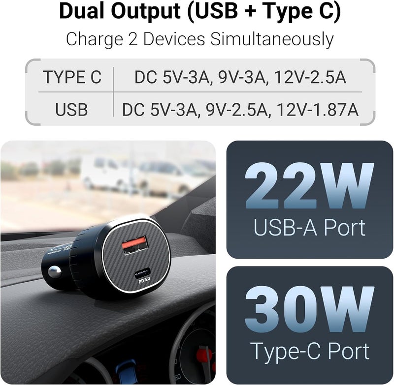 ZEBRONICS 52 Watts Car Charger, Dual Output (USB + Type C), Included 1m Type-C to Type C Cable, Rapid Charge, Compact Design, Over Current & Short Circuit Protection, LED Indicator (CC52, Black) - Image 2