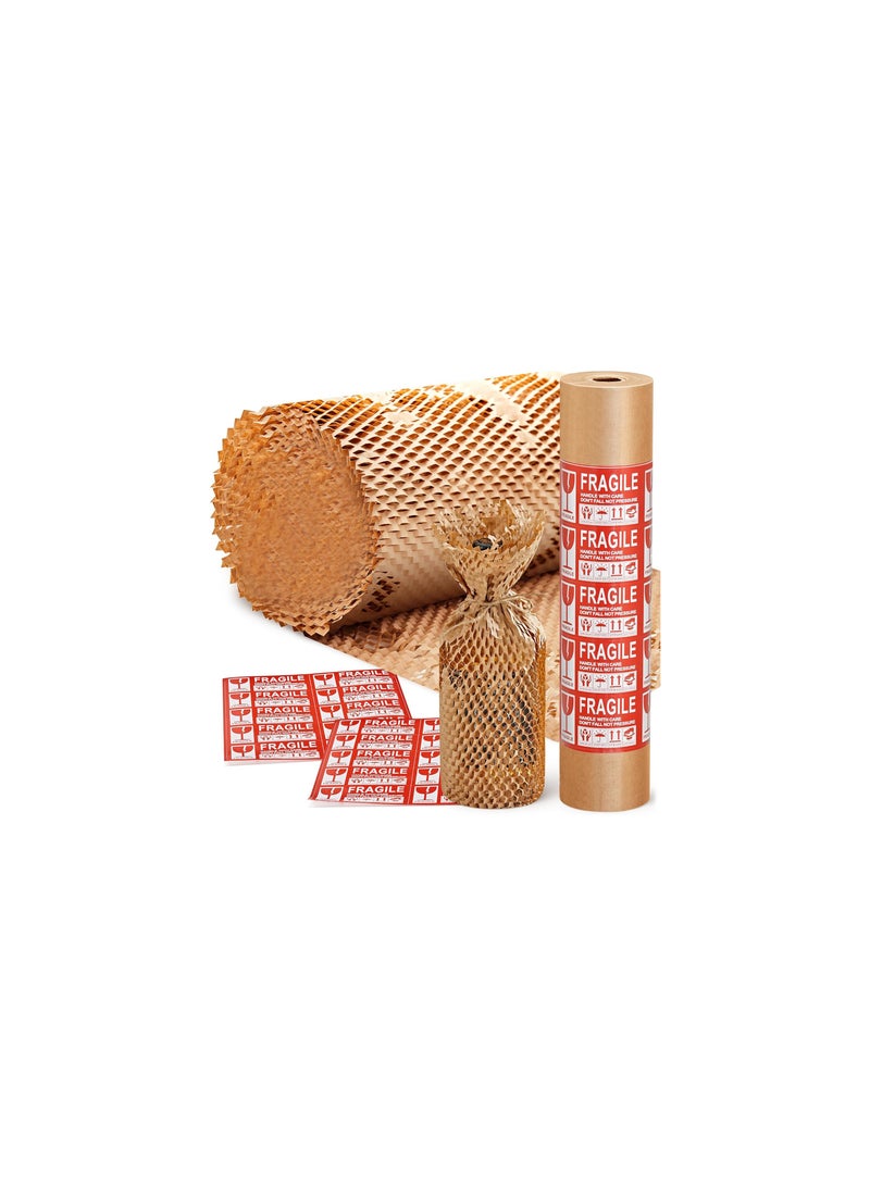 PRINTSHOP4ME Biodegradable Honeycomb Packing Paper Wrap with 20 Fragile Stickers - Eco-Friendly Bubble Wrap Alternative for Cushioning Fragile Items - Recyclable Packaging Material Made from Paper (30cm x 30m) - Image 1