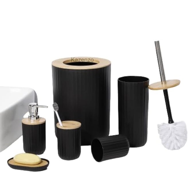 6PCS BATHROOM ACCESSORIES SET BATHROOM DECORSOAP DISPENSER PLASTIC BAMBOO BATH ENSEMBLE KIT LOTION DISPENSER TOOTHPASTE DISPENSER TOILET BRUSH HOLDER TRASH CAN BLACK